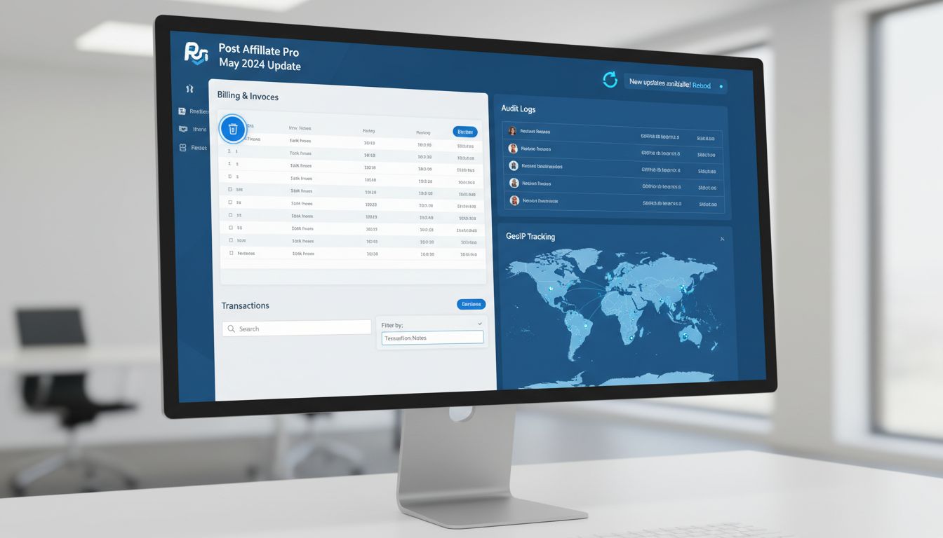 Dashboard di Post Affiliate Pro che mostra la notifica di ricarica, i log di audit, il tracciamento GeoIP e le funzionalità di filtro delle transazioni
