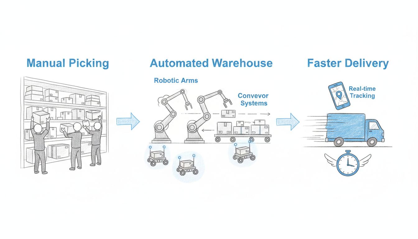 Diagramma del workflow dell'automazione logistica e-commerce che mostra picking manuale, sistemi di magazzino automatizzati con robot e nastri trasportatori, e risultati di consegna più rapidi