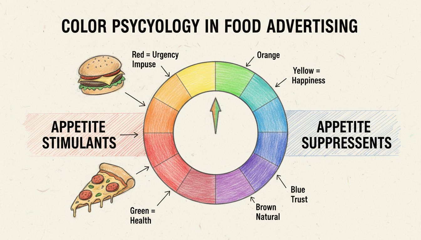 Diagramma di psicologia dei colori che mostra i colori caldi per la stimolazione dell'appetito e i colori freddi per la soppressione dell'appetito nella pubblicità alimentare