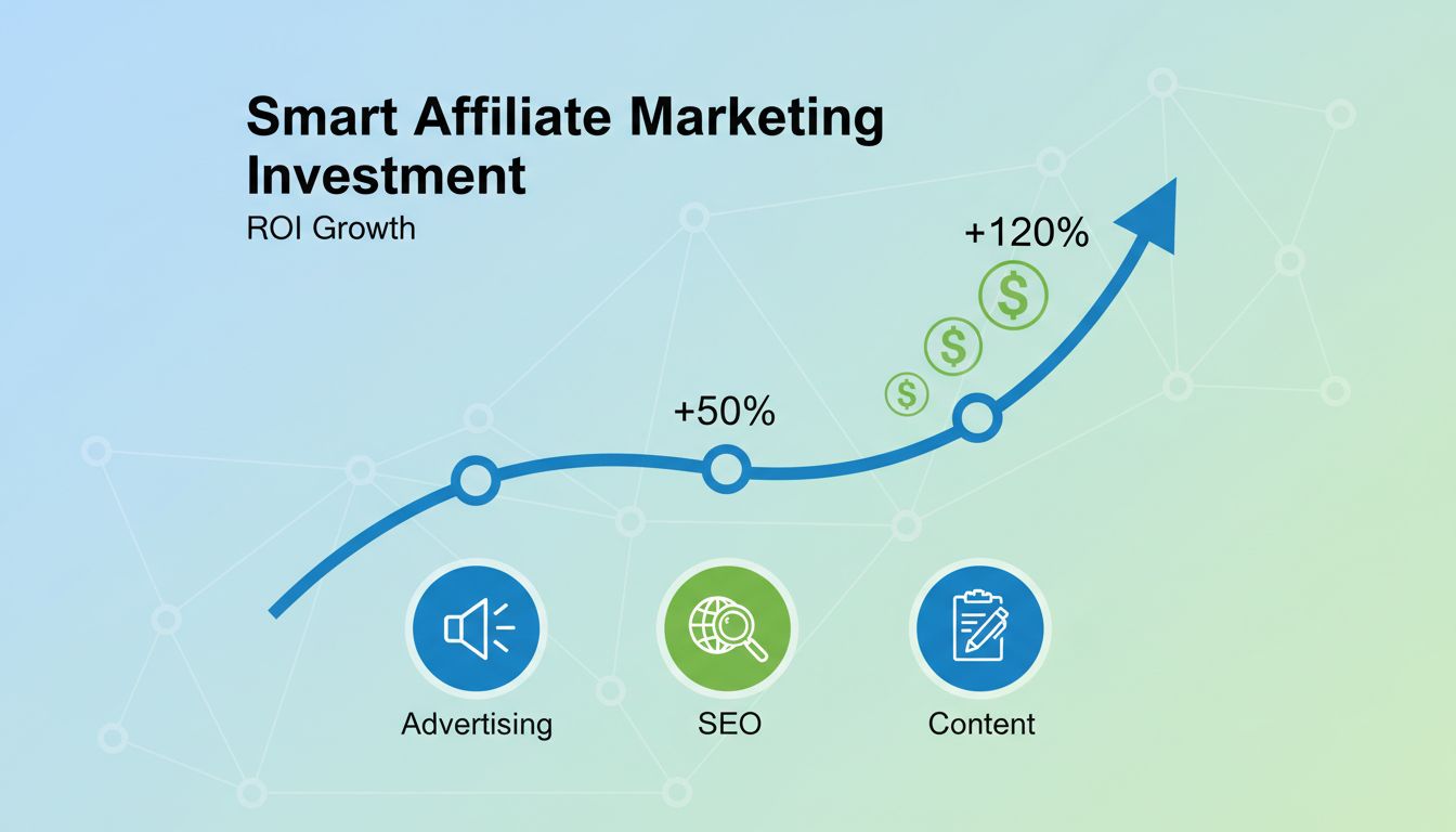 Grafico di crescita ROI investimento affiliate marketing che mostra ritorni di pubblicità, SEO e content marketing