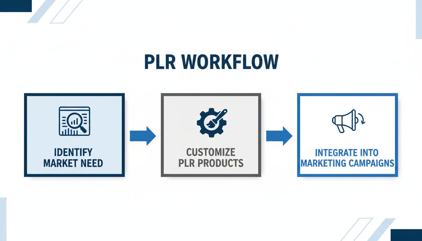Diagramma di flusso PLR che mostra identificazione del mercato, personalizzazione del prodotto e integrazione nel marketing