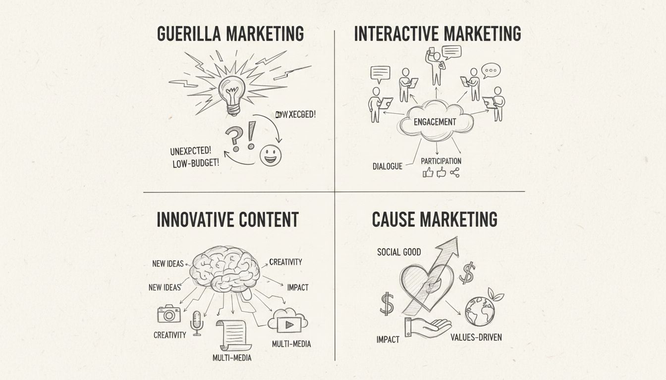 Diagramma delle quattro principali tipologie di strategie di marketing creativo: Guerrilla Marketing, Marketing Interattivo, Contenuto Innovativo e Cause Marketing