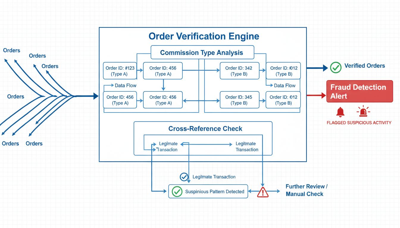Diagramma di flusso del sistema di verifica incrociata antifrode che mostra il motore di verifica ordini con analisi dei tipi di commissione e avvisi di rilevamento frodi
