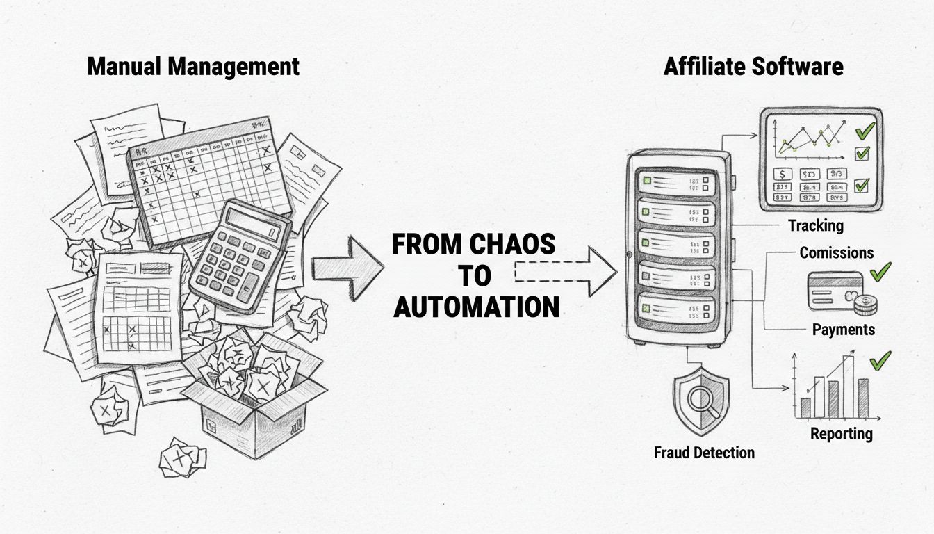 Diagramma comparativo che mostra la gestione manuale degli affiliati con fogli di calcolo ed errori rispetto al software di affiliazione automatizzato con tracciamento, commissioni, rilevamento delle frodi e pagamenti