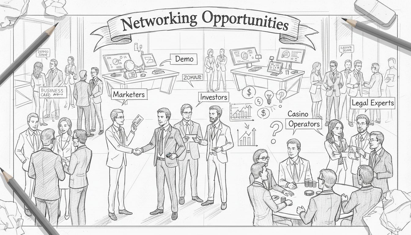 Evento di networking professionale nella demo zone con marketer, operatori di casinò, investitori ed esperti legali che si scambiano biglietti da visita e discutono opportunità