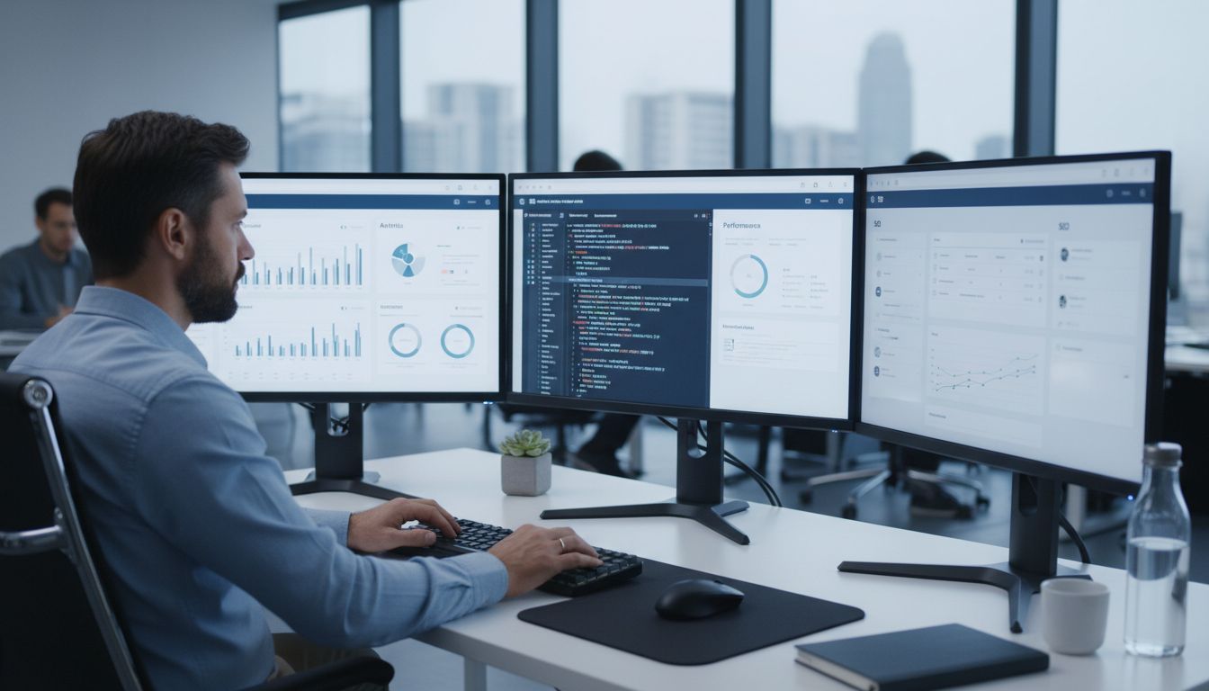 Webmaster professionista al lavoro alla scrivania con più monitor che mostrano analisi del sito, editor di codice e dashboard SEO