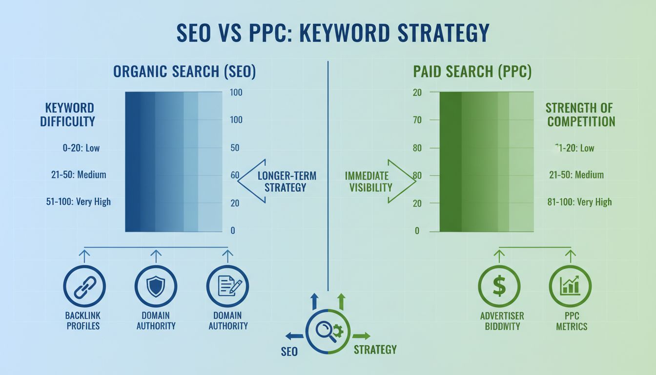 Infografica che confronta la difficoltà delle parole chiave con la forza della concorrenza, mostrando i parametri SEO organici a sinistra e quelli PPC a pagamento a destra
