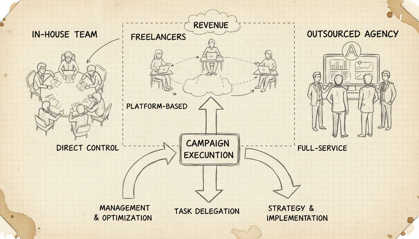 Tre approcci all’organizzazione delle campagne di crowd marketing: team interno, freelancer e agenzia esterna con diagrammi dei flussi di lavoro