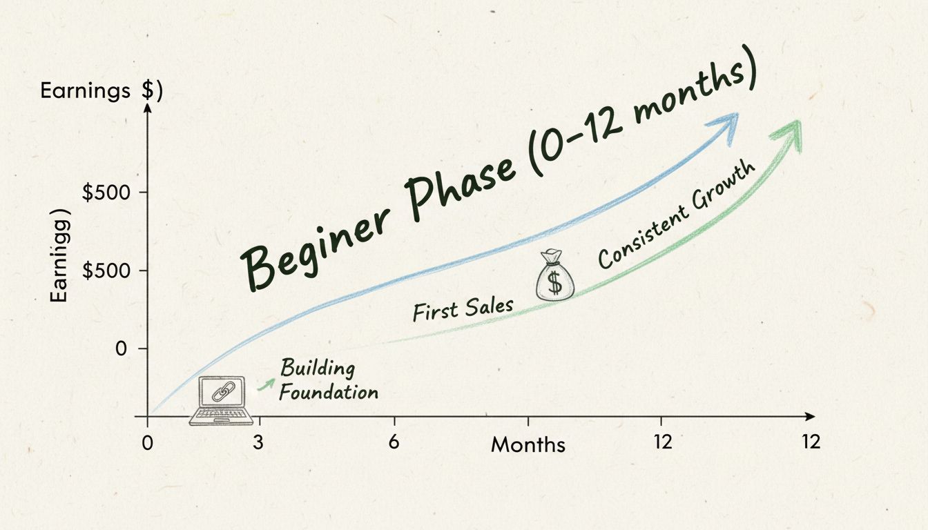 Grafico della progressione dei guadagni di un affiliato principiante che mostra la crescita da 0 a 1000 dollari in 12 mesi