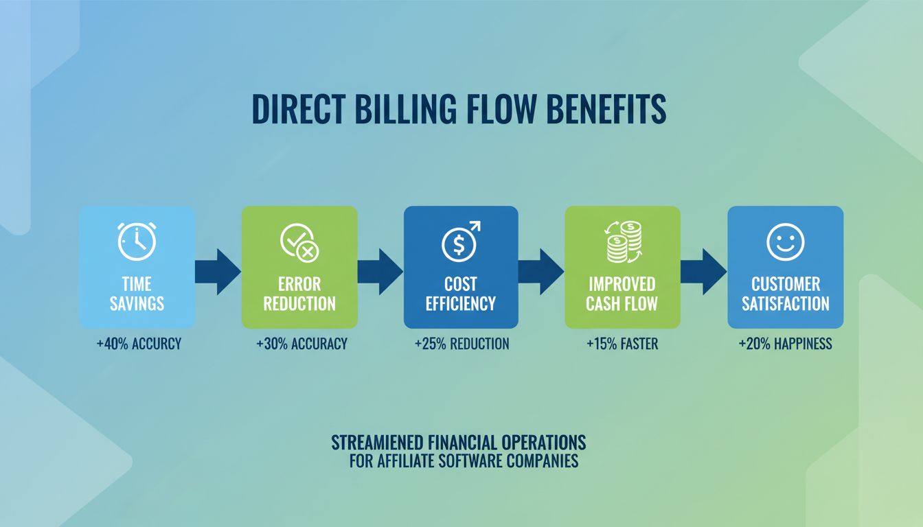 Infografica sui vantaggi del flusso di fatturazione diretta che mostra risparmio di tempo, riduzione degli errori, efficienza dei costi, miglioramento del flusso di cassa e soddisfazione del cliente