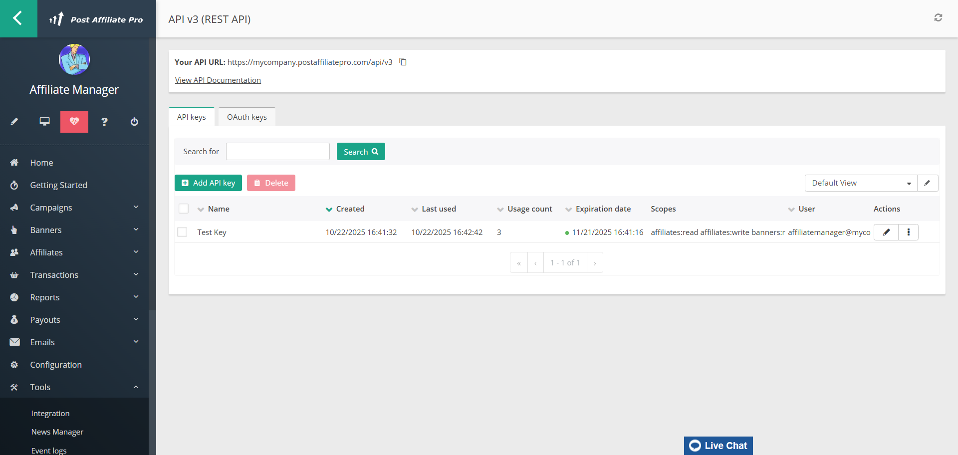 Schermata API v3 (REST API) di Post Affiliate Pro per la generazione di una chiave API