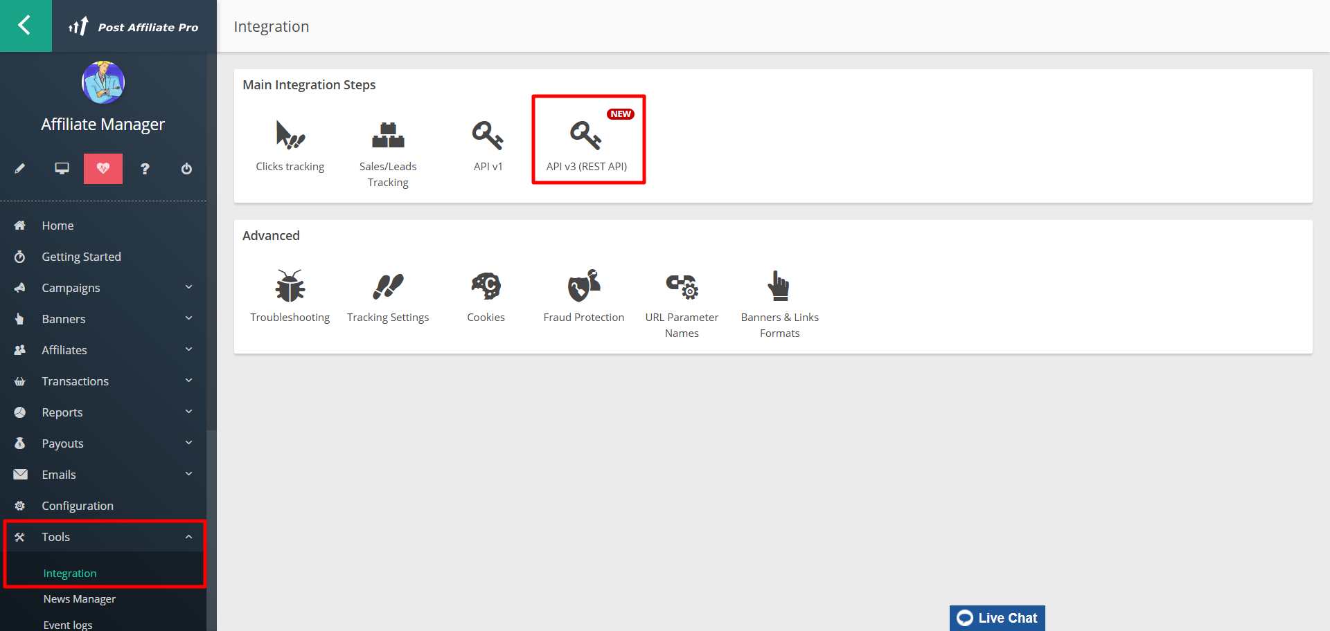 Pannello amministratore di Post Affiliate Pro: menu Configurazione > Strumenti > Integrazione
