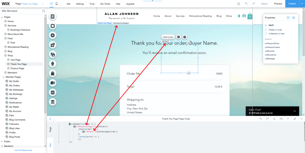 Screenshot integrazione Wix