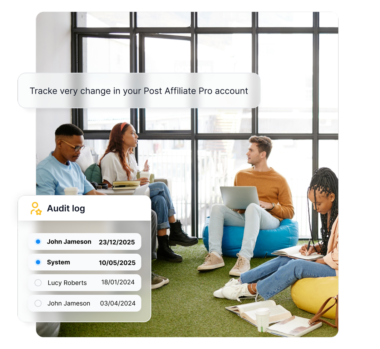 Funzione registro di audit in Post Affiliate Pro che mostra il tracciamento dettagliato delle attività e delle transazioni degli affiliati.
