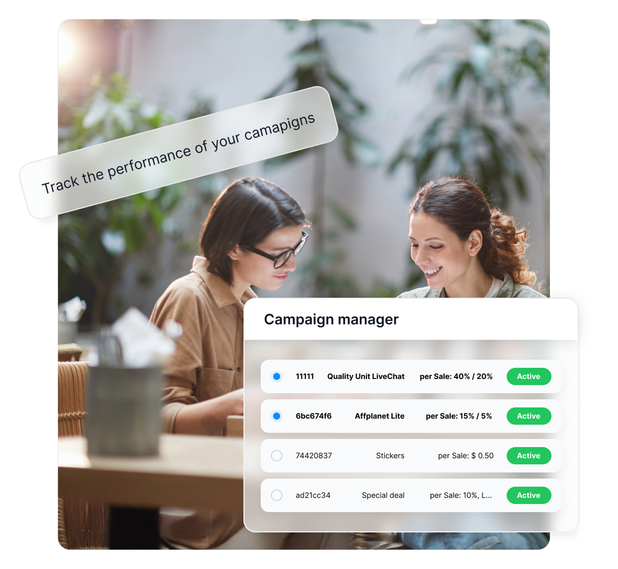 Funzione report campagne in Post Affiliate Pro che mostra metriche di performance per affiliati e materiali promozionali.