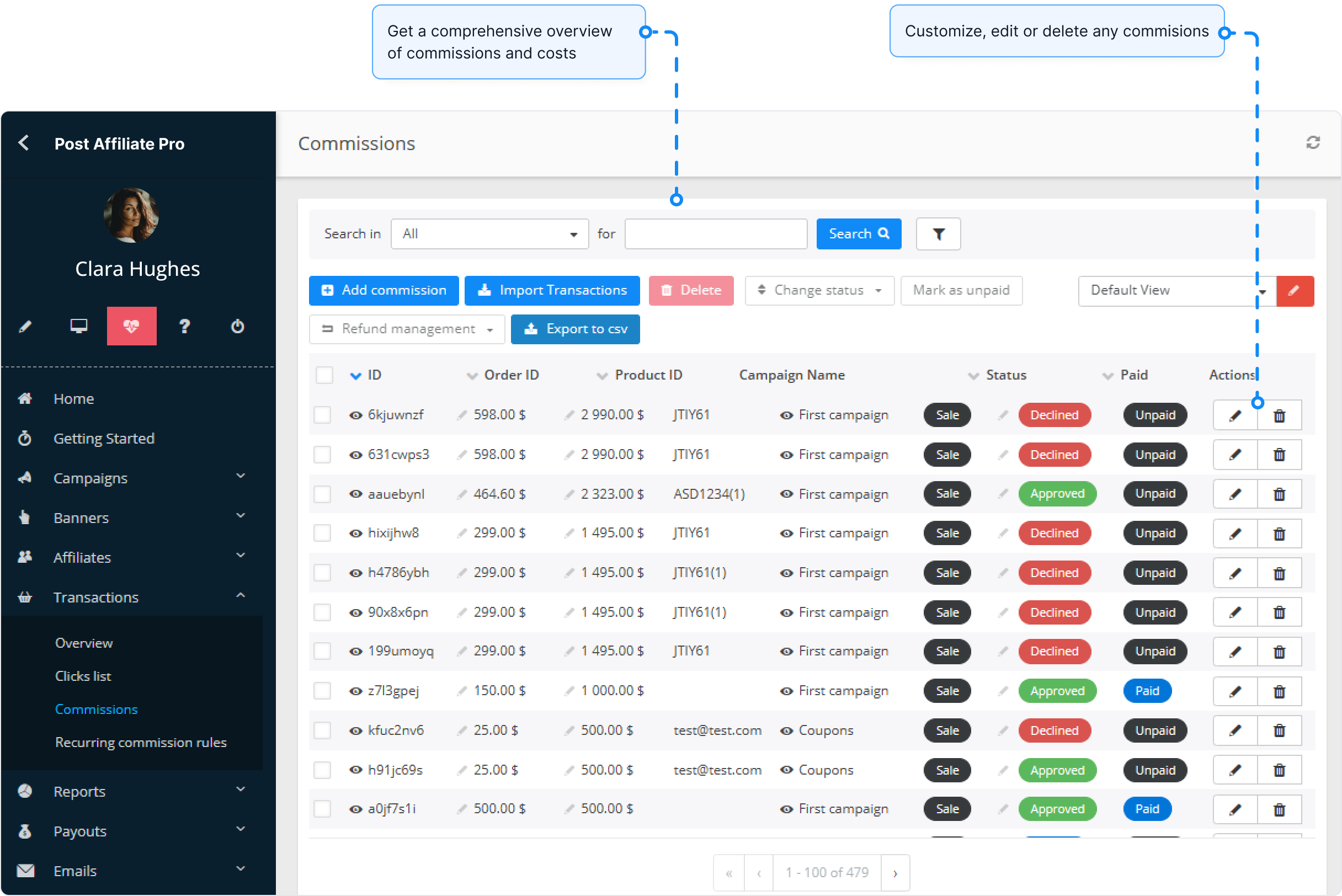 Panoramica della funzione transazioni in Post Affiliate Pro.