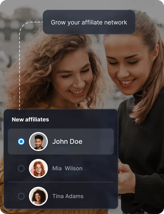 Un overlay di content creator che mostra opzioni per invitare affiliati e creator, impostare strutture di commissione e aumentare la visibilità attraverso partnership.