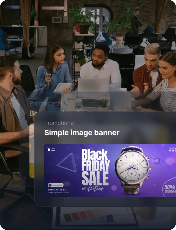Un overlay di materiali promozionali che mostra un banner personalizzato per una promozione del Black Friday.