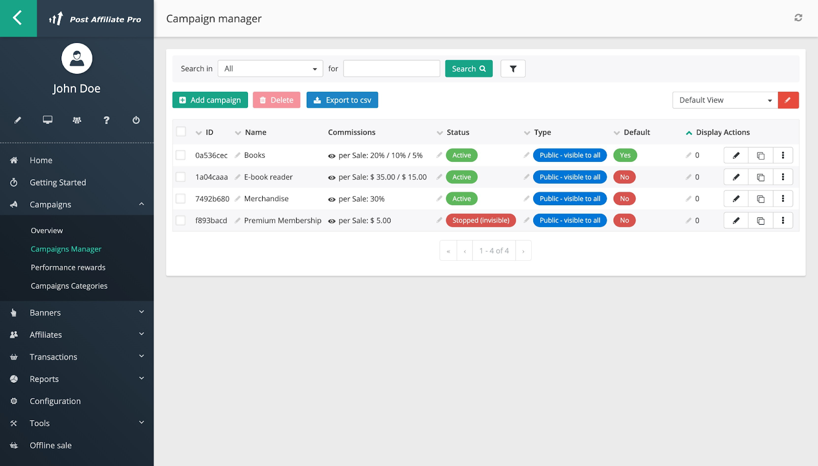 Post Affiliate Pro ti permette anche di tracciare e gestire facilmente le tue campagne con la funzione Campaign manager