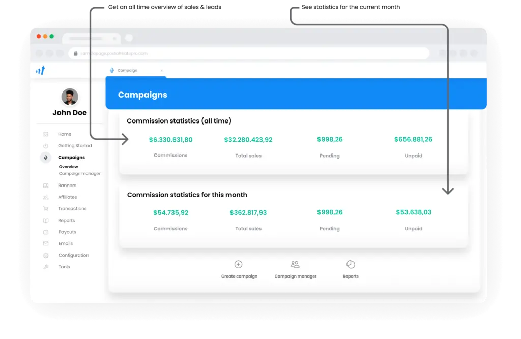 Un'immagine che illustra la panoramica delle campagne in Post Affiliate Pro.