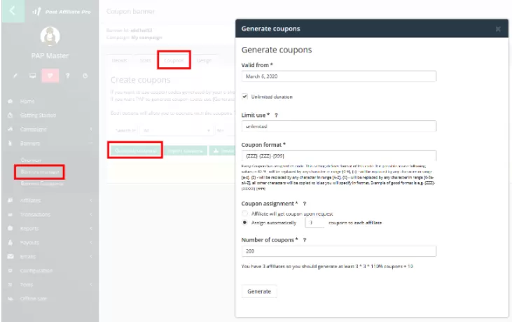 Screenshot della funzione di generazione coupon di Post Affiliate Pro.