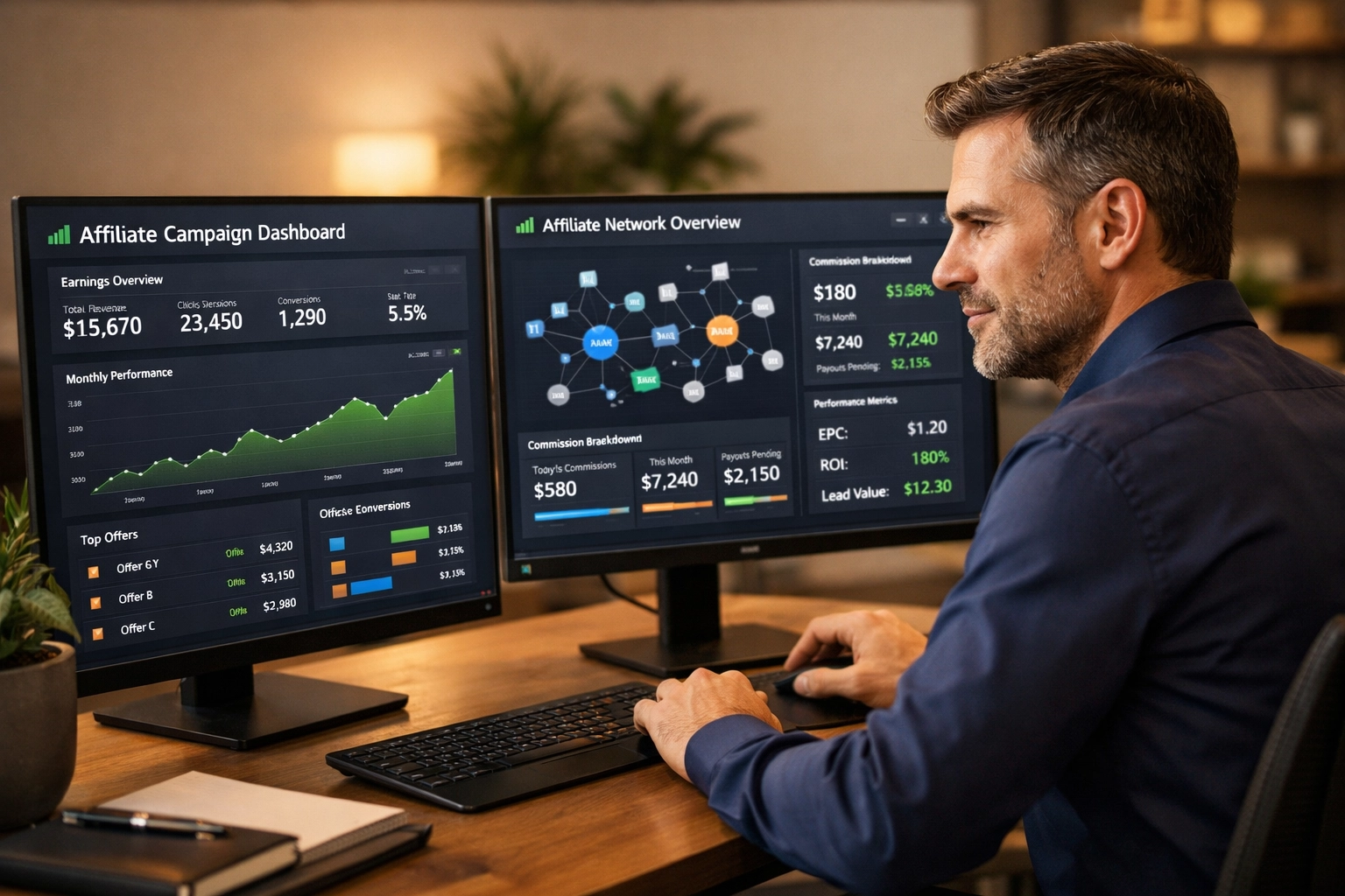Merchant managing affiliate campaigns with software dashboard
