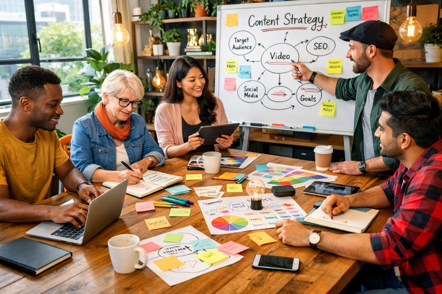 Team eterogeneo di creatori di contenuti che collaborano in una sessione creativa di brainstorming