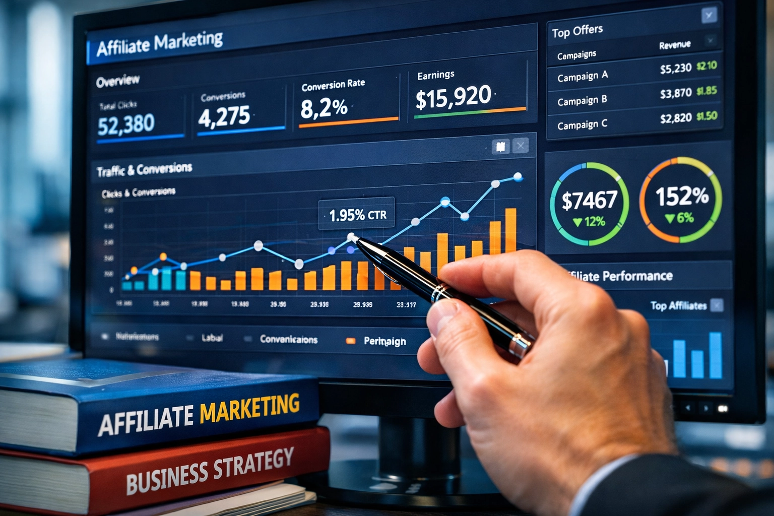 Dashboard di affiliate marketing con metriche di performance e dati analytics