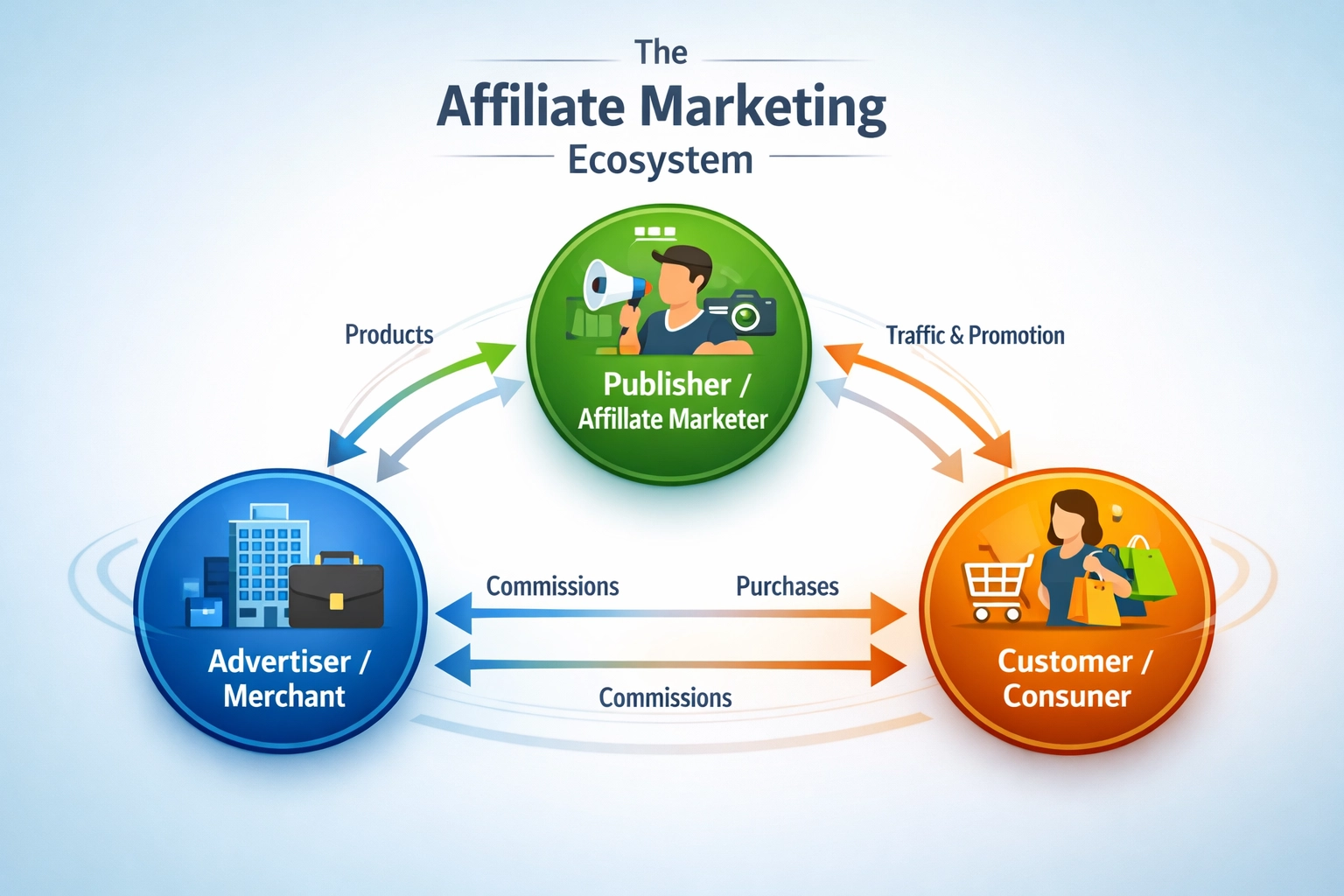 Tre pilastri dell'ecosistema del marketing di affiliazione che mostrano inserzionista, editore e cliente interconnessi
