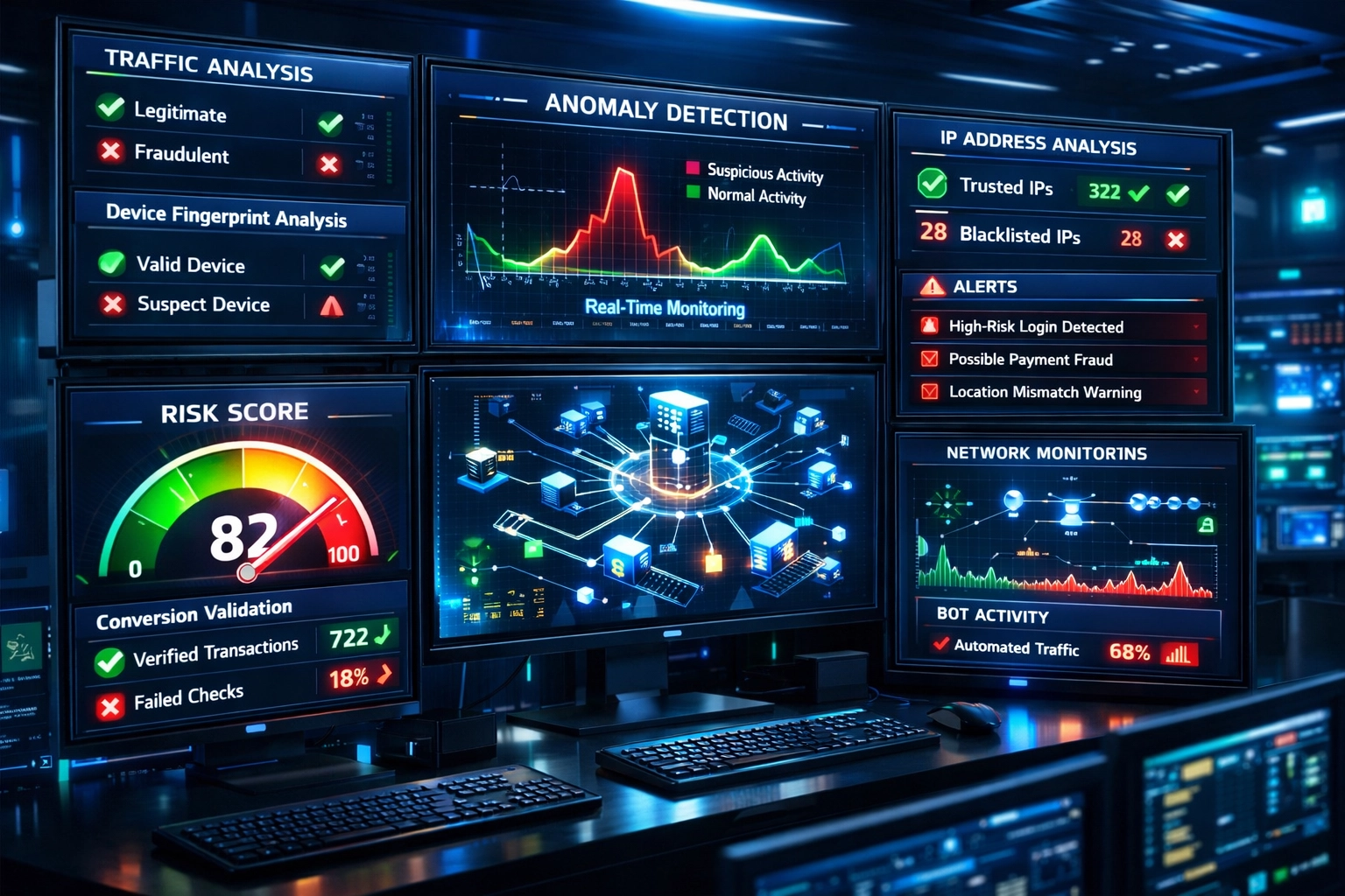 Dashboard sistema di rilevamento frodi in tempo reale con metriche di monitoraggio