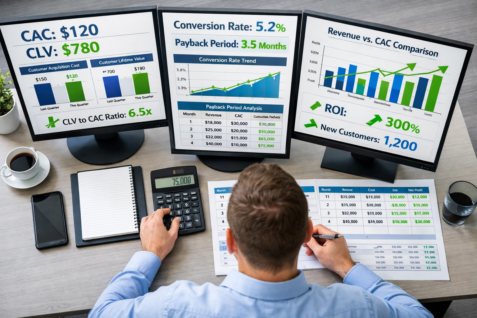 Analista dati che esamina metriche e analytics di acquisizione clienti