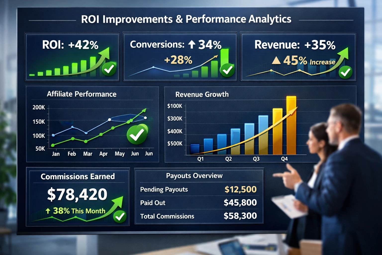Dashboard delle metriche ROI che mostra miglioramenti delle performance e indicatori di crescita