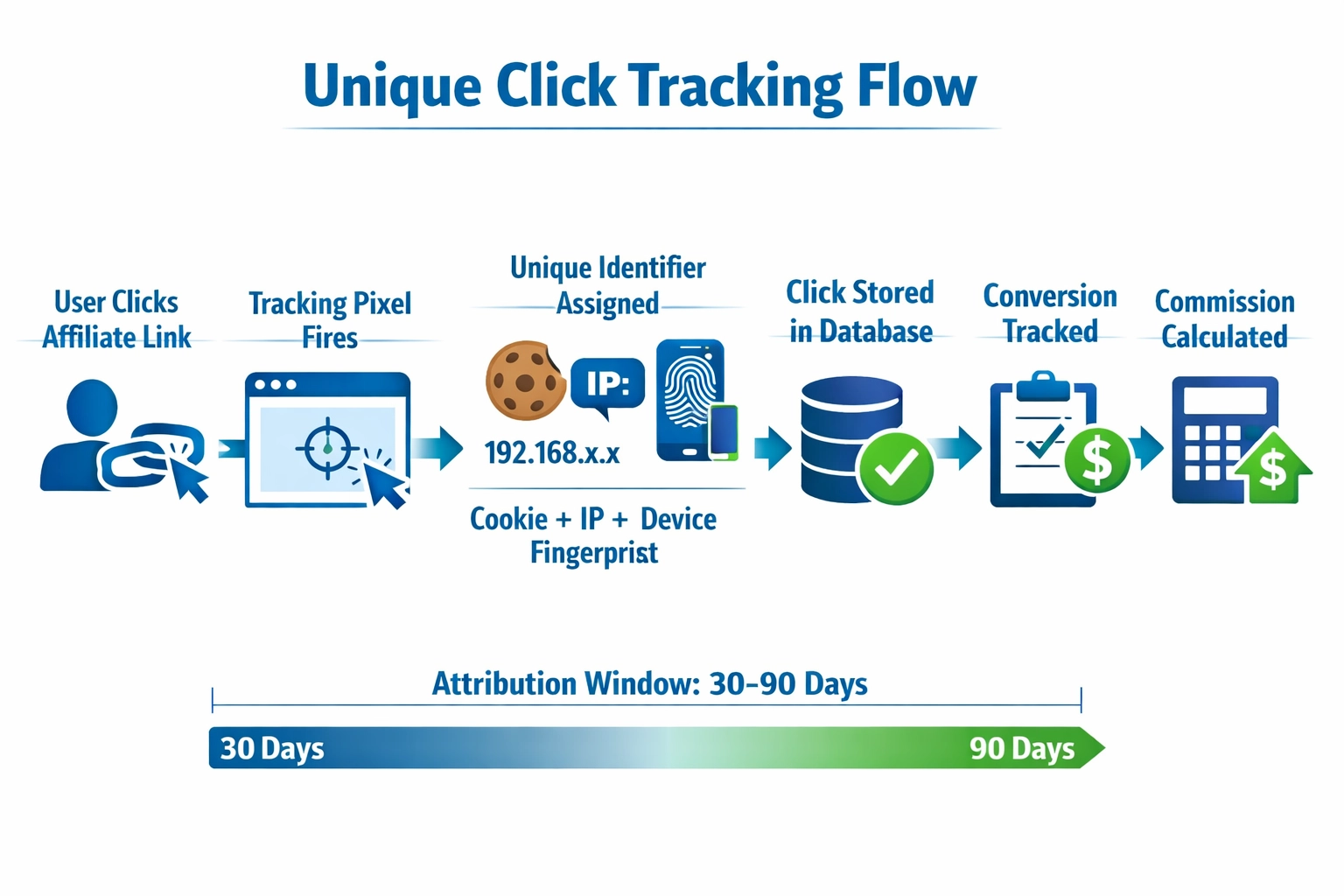 Technical diagram showing unique click tracking flow