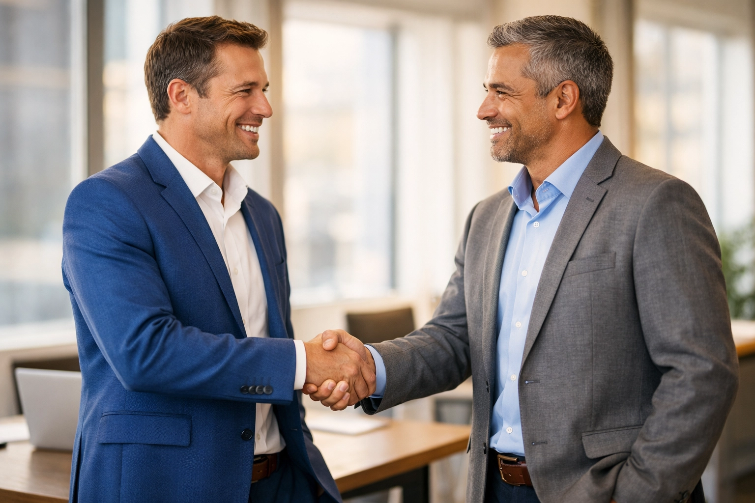 Professional business partnership with two professionals shaking hands in modern office