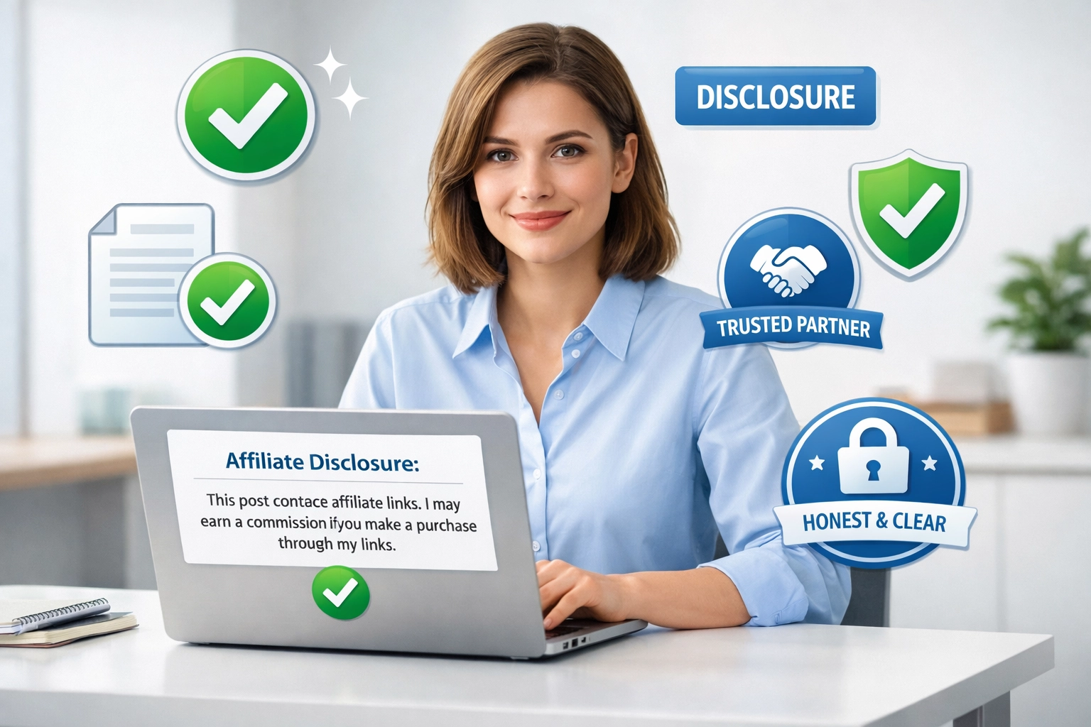 Concetto di dichiarazione trasparente nel marketing di affiliazione con indicatori di fiducia