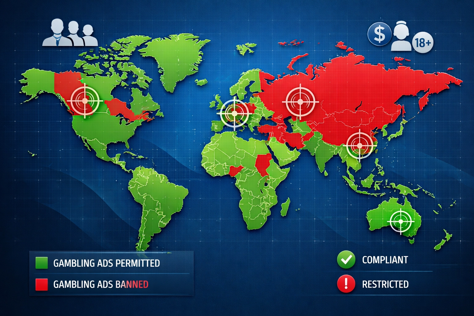 World map visualization showing gambling advertising regulations by region with color-coded compliance zones and targeting indicators