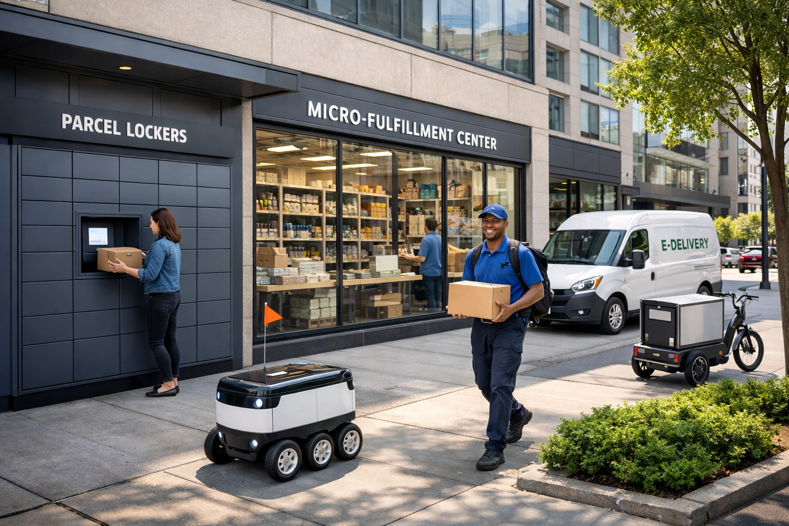 Scena di consegna urbana con parcel locker e robot autonomi