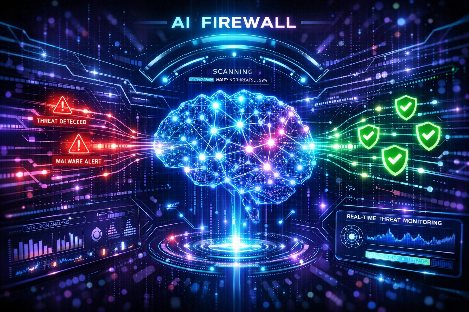 Visualizzazione di un firewall con intelligenza artificiale che mostra il rilevamento delle minacce tramite machine learning e analisi di reti neurali