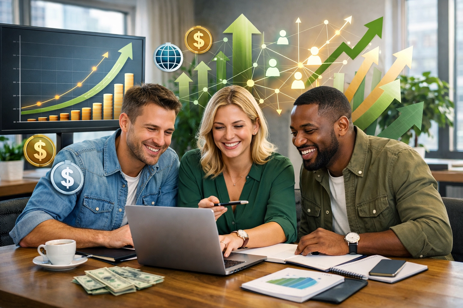 Team che scala un business di affiliate marketing con indicatori di crescita e fonti di reddito multiple