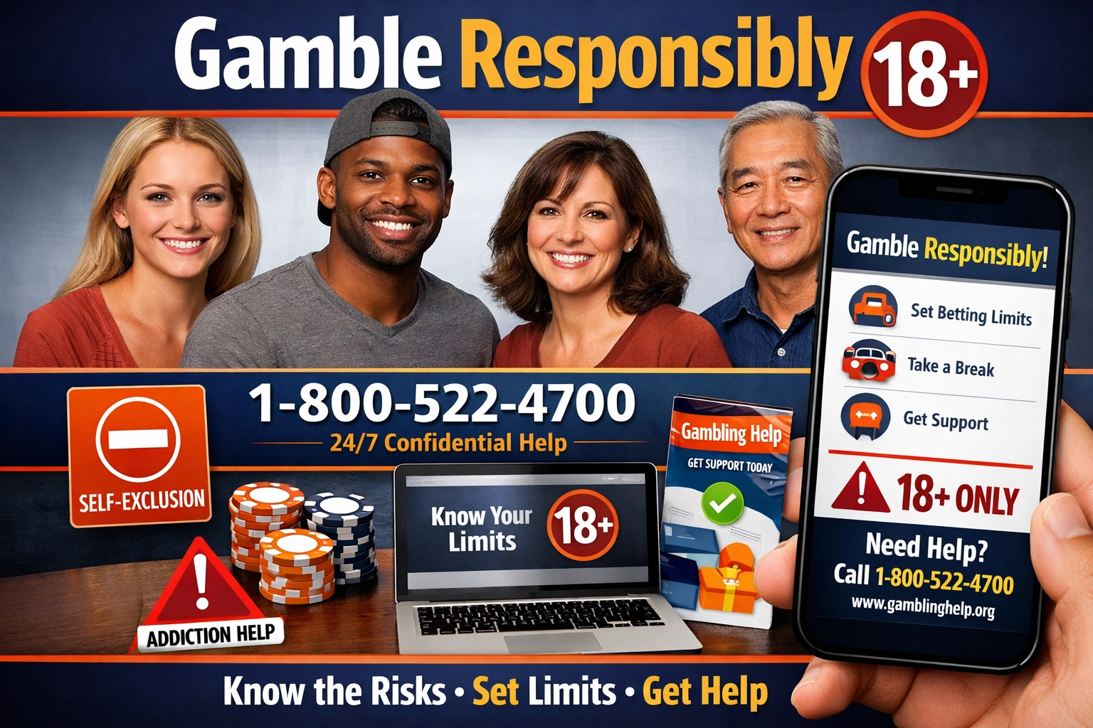 Responsible gambling awareness with age verification and help resources