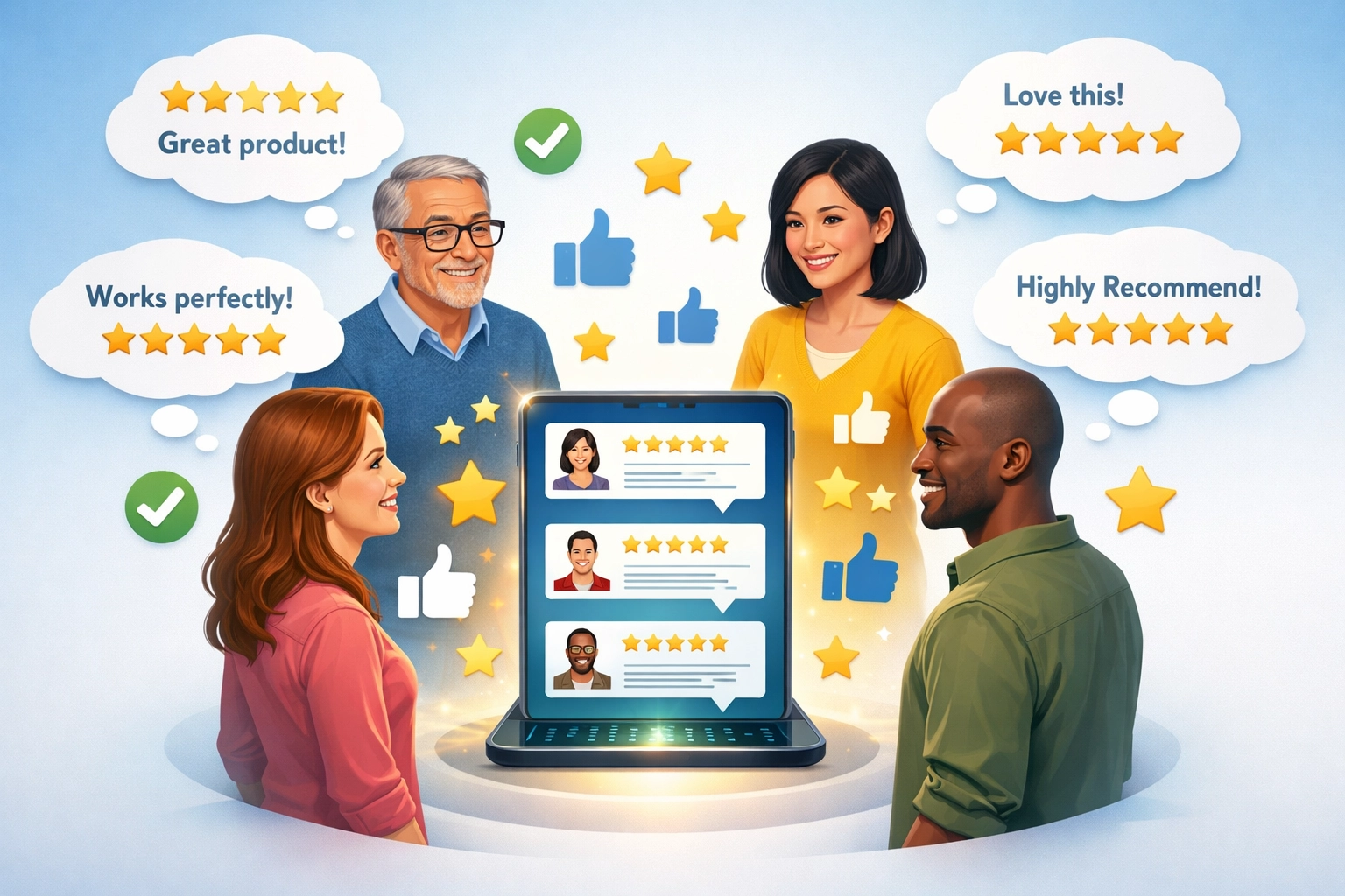 La psicologia della riprova sociale mostra persone diverse che prendono decisioni basandosi sulle esperienze positive altrui