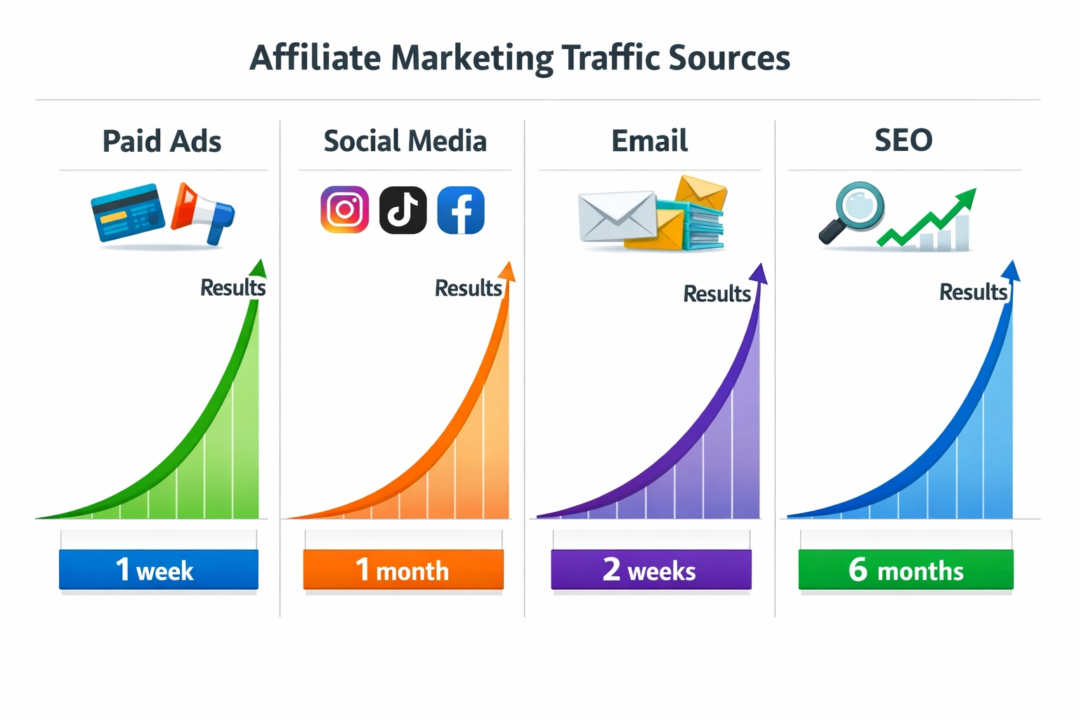 Comparison of affiliate marketing traffic sources showing timeline and results for paid ads, social media, email, and SEO