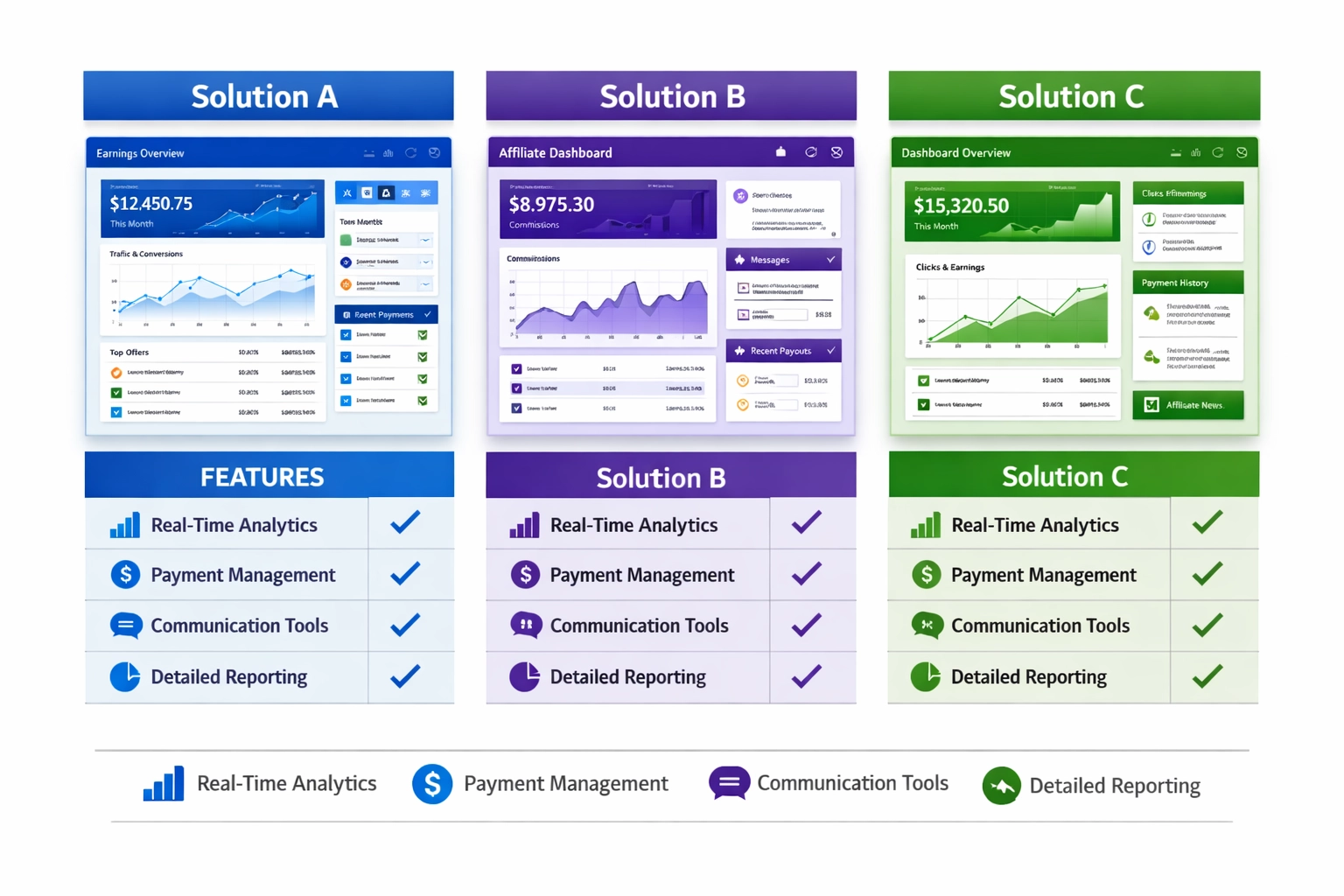Comparison visualization of affiliate dashboard solutions