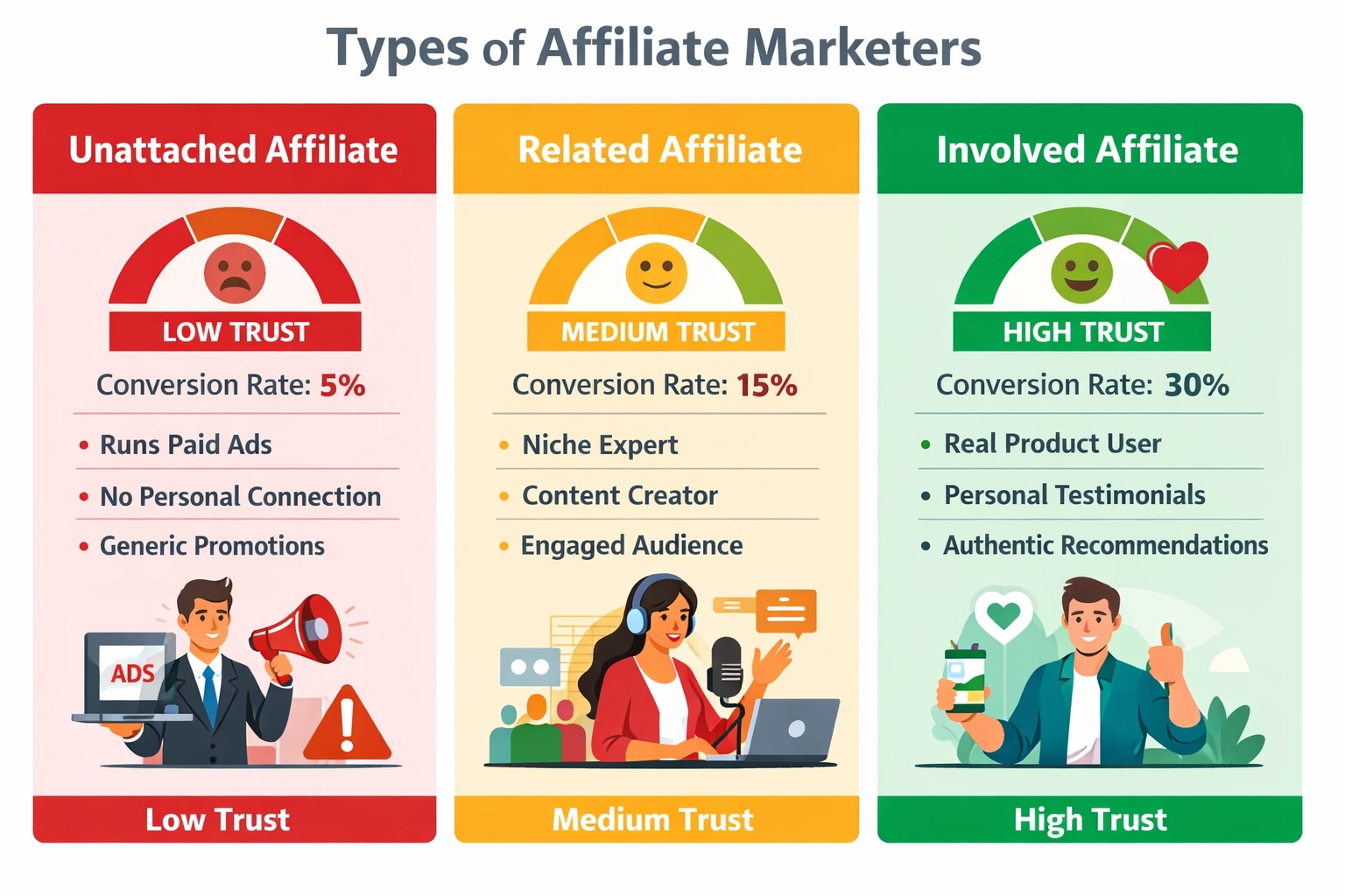 Comparison of three affiliate types showing unattached, related, and involved affiliates with trust levels and conversion rates