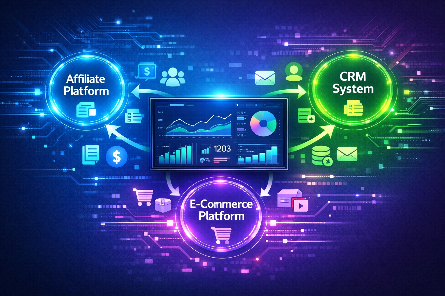 Diagramma del workflow di integrazione che mostra il flusso dati tra piattaforma affiliati, e-commerce e sistemi CRM
