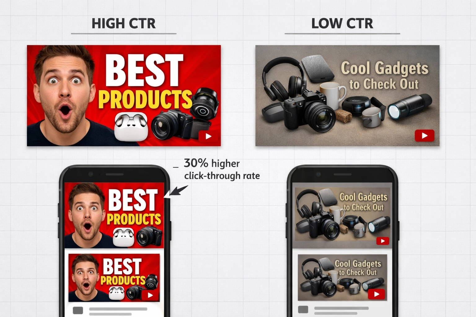 Confronto tra miniature YouTube ad alta e bassa conversione che mostra le best practice di design