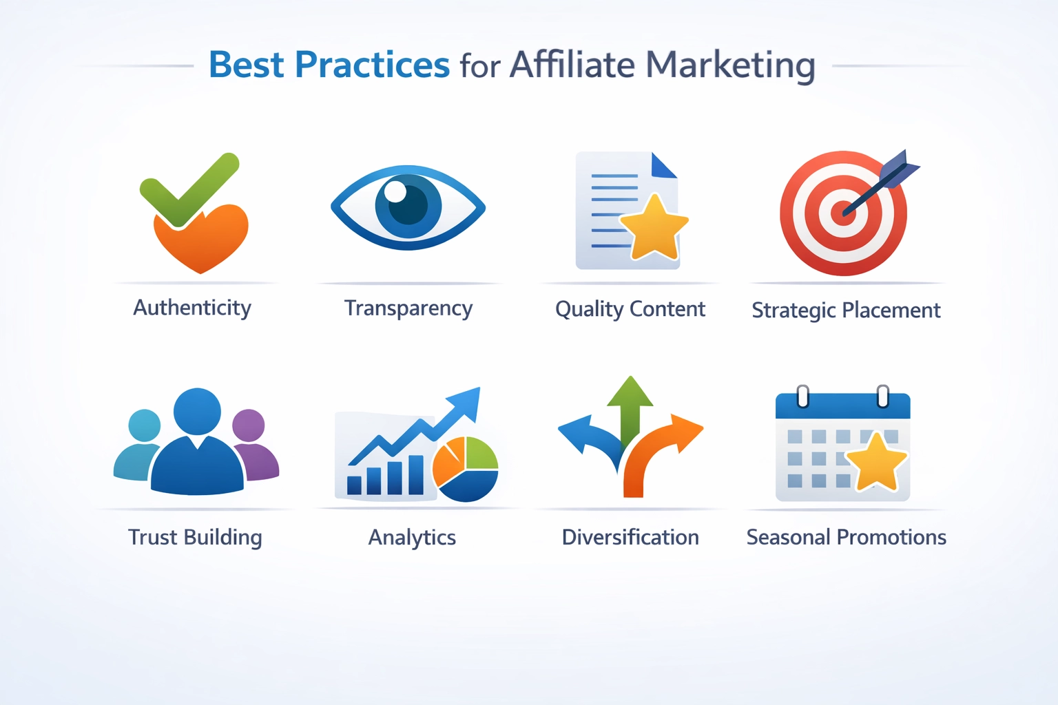 Otto best practice per il successo nel marketing di affiliazione illustrate con icone