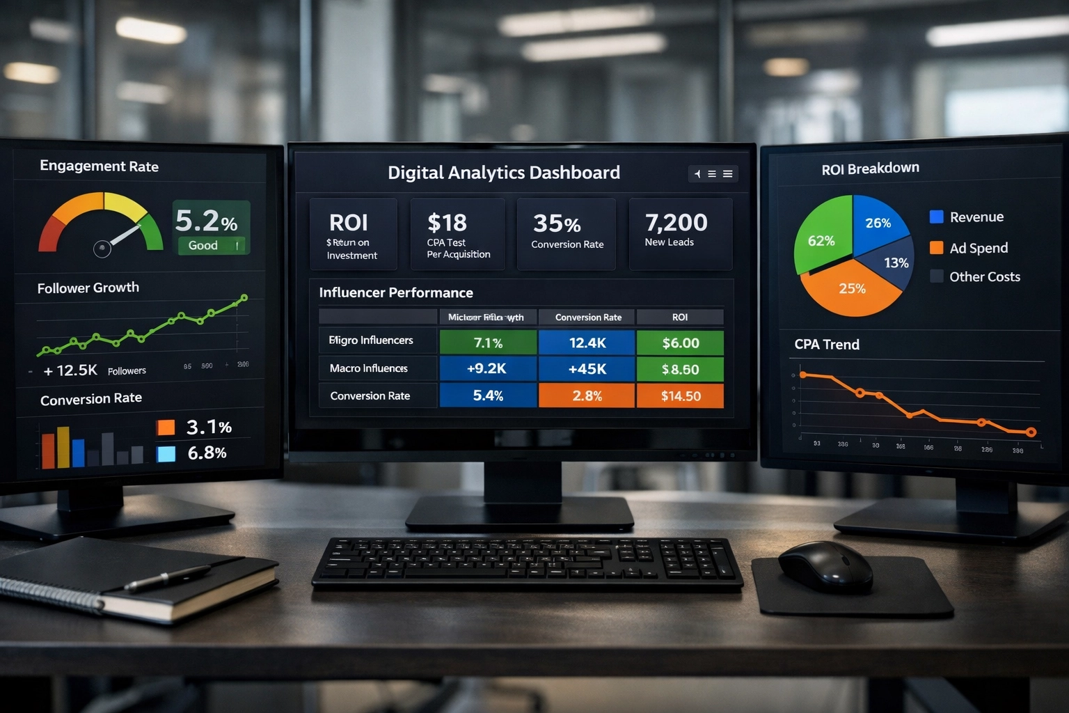 Digital analytics dashboard showing engagement rates, follower growth, conversion metrics, and comparison tables for micro vs macro influencers