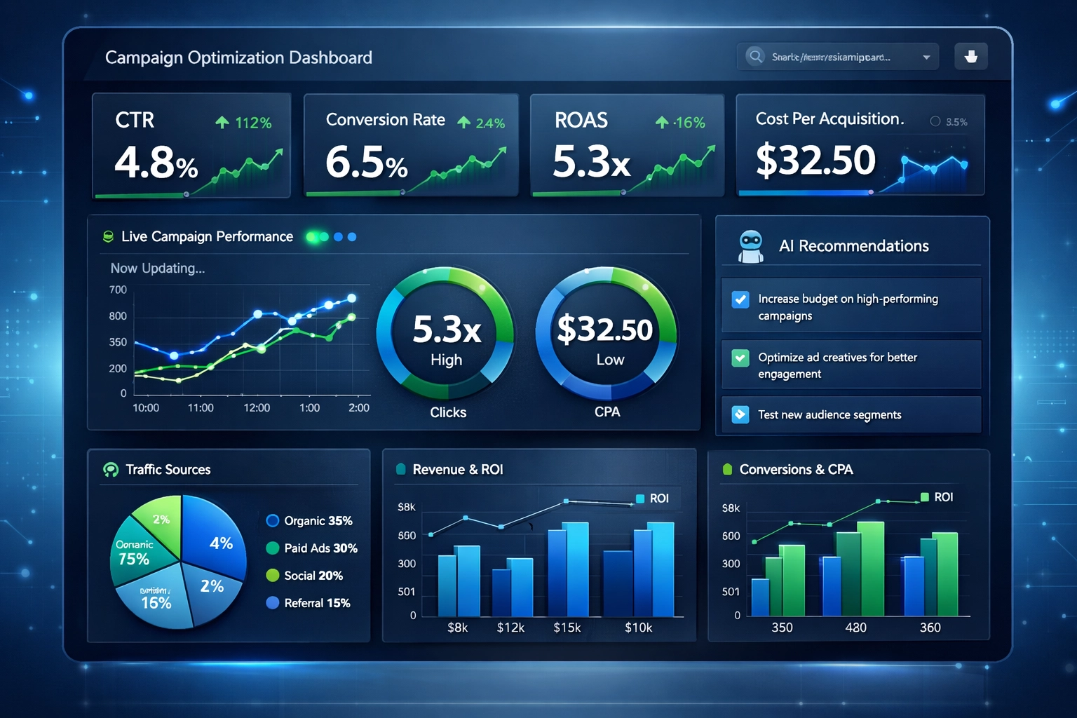 Dashboard di ottimizzazione in tempo reale con metriche di performance e raccomandazioni IA