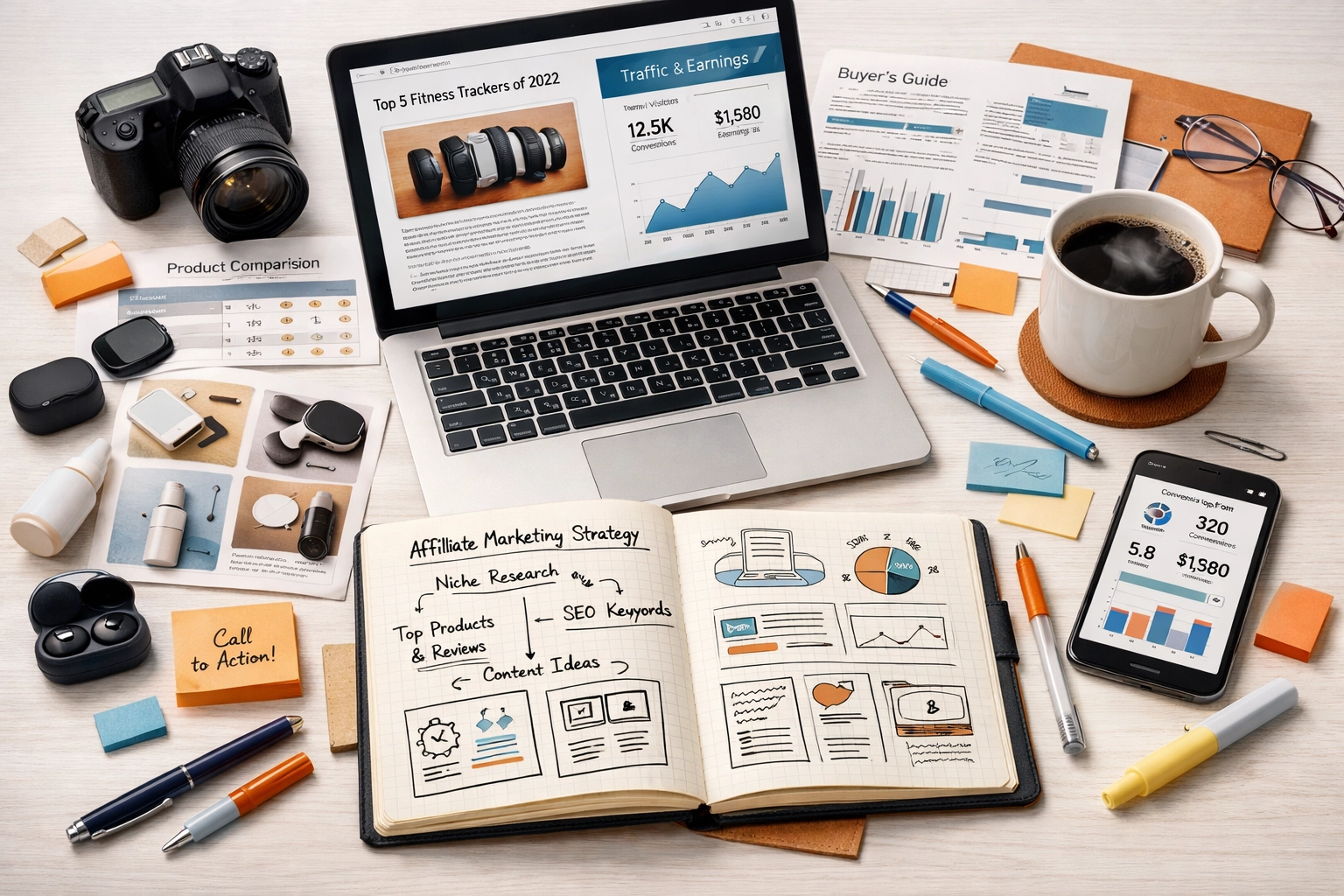 Organized workspace showing content creation and affiliate marketing strategy